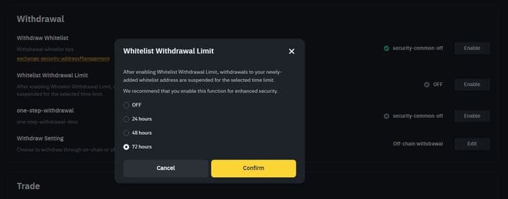 바이낸스 보안 설정 5가지(Whitelist Withdrawal Limit)